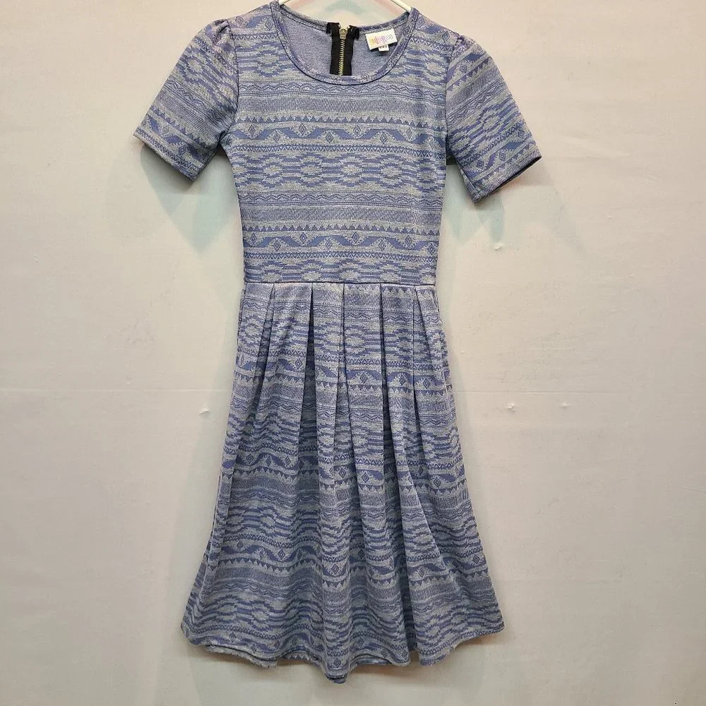 LuLaRoe Amelia Dress Womens XXS Gray Blue Short Sleeve Pleated Pockets